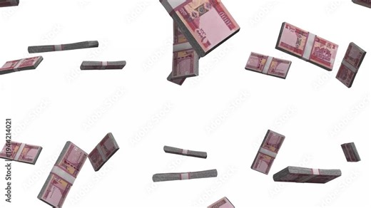 Afghanistan Money, 1000 Afghan Afghani Falling, AFN Currency Stacks, White Background, 4K