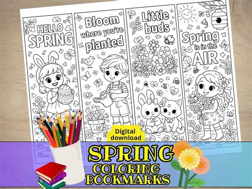 Spring Bookmarks Printable Coloring, Set of 4 Kids Bookmarks PDF & PNG, Spring Reading Activity, DIY Bookmark Craft, Classroom Printable - Etsy