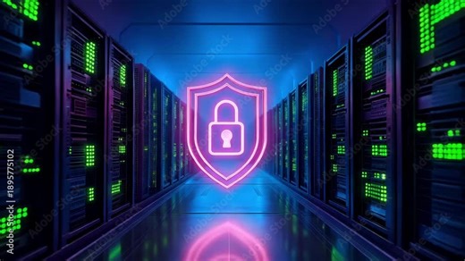 Neon shield and lock icon in a server room with computer racks and green lights