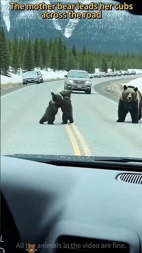 Mama Bear Safely Leads Her Cubs Across the Road! 🐻❤️