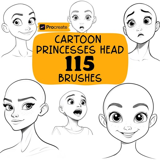 Procreate Cartoon Princesses Base Head Brushes, 120 Cartoon Princesses Portrait Procreate Stamps, Human, Female Poses, Cartoon Girls Faces, - Etsy