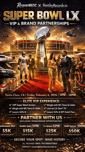 Rogue Muzic on Instagram: "🏈✨ SUPER BOWL LX • VIP + BRAND PARTNERSHIPS ✨🏈 Powered by FutrLabl® x @bentleyrecords • #RogueMuzic is proud to be part of one of the most elite Super Bowl experiences of 2026 • where access, influence, and opportunity collide🤝 📍 Santa Clara, California 📅 Friday, February 6, 2026 ⏰ 5:00 PM – 10:00 PM PST This isn’t just an event. This is where NFL legends, celebrities, millionaires, billionaires, media, and industry leaders move in the same room. 💎 YOUR VIP EXPER