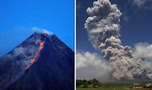 Mount Mayon spews red hot lava