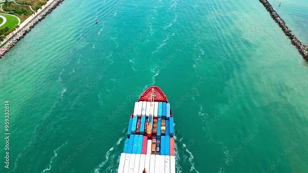 Freight container loaded on cargo vessel in Miami, Florida. Aerial view cargo ship entering harbor. Cargo business 4k. Container ship. Cargo ship with container in Miami, drone view. Shipment
