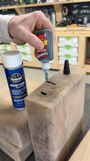 Using the @Titebond Black Instant Bond to fill a few small cracks and holes in these walnut pieces