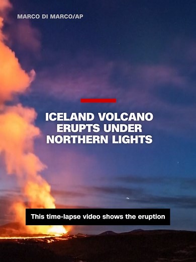 As a volcano erupts in the Icelandic town of Grindavik, videographers capture the sky breaking out into celestial light. #CNN #news #iceland #volcano #northernlights #nature