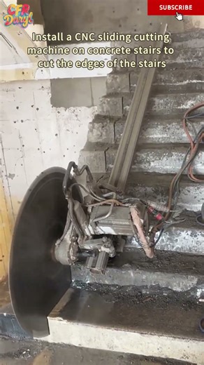 Install a CNC sliding cutting machine on concrete stairs to cut the edges of the stairs