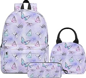 Butterfly Printed Backpack Set for Girls Kids, 3Pcs Bookbag with Pencil Case for school, 17 Inch Lightweight Laptop Backpack with Lunch Bag for Women Teens Office, High School