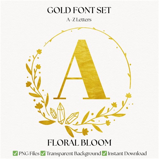 Floral Gold Monogram Alphabet | Flower PNG Letters | Decorative Fonts | Digital Download - Etsy