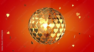 Shiny golden dance ball of golden hearts on a red background rotate and turn. The hearts golden symbols glitters dance on a red background. Video for Valentine's Day. Loop animation. 4K
