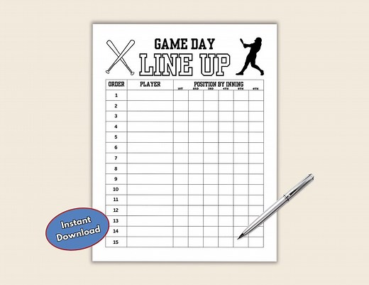 Baseball Batting Order and Lineup Sheet for Baseball Coach or Dugout, Printable Lineup Card by Inning, Game Day Planner With Field Positions - Etsy