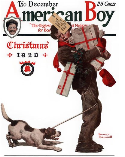 Norman Rockwell Christmas Canvas Print, American Boy Magazine Cover, Boy With Gifts & Dog, Vintage Holiday Wall Art