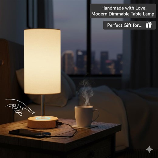 Bedside Table Lamp With USB Port, Touch Control 3-way Dimmable Nightstand Lamp, Wood Base, Fabric Shade for Bedroom Living Room Dorm - Etsy