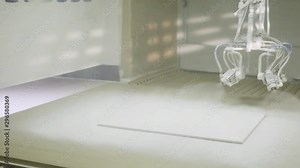 Automatic spray painting machine, spreading white paint on the flat sheet of wood, equipment concept. Action. Paint sprayer with four spray guns.