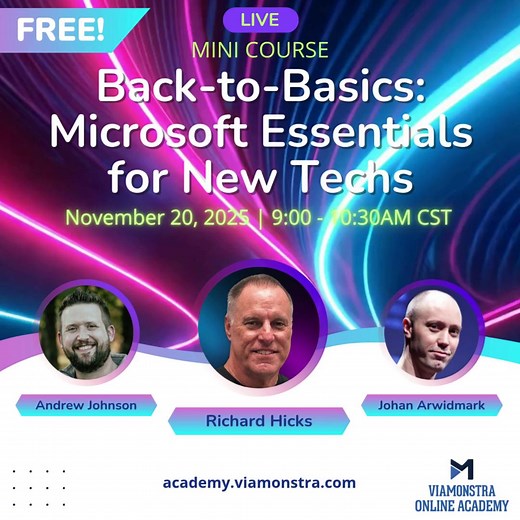 💥TOMORROW! #ViaMonstraMiniCourse 🕐9:00-10:30AM CST💻 Kick-start your IT journey with a fast, hands-on tour of the Microsoft tech fundamentals you’ll touch every day. No jargon, just clear demos, job-aid takeaways, and the “nobody told me this” tips that make new techs effective on day one. 👨‍💻 #ActiveDirectory #Entra #DNS #Powershell #ViaMonstraAcademy Sign up➡️ https://ow.ly/pqct50Xu6yF Course Outline: ✅Active Directory and Entra Crash Course ✅Access and Policy Basics ✅Device Management Pri