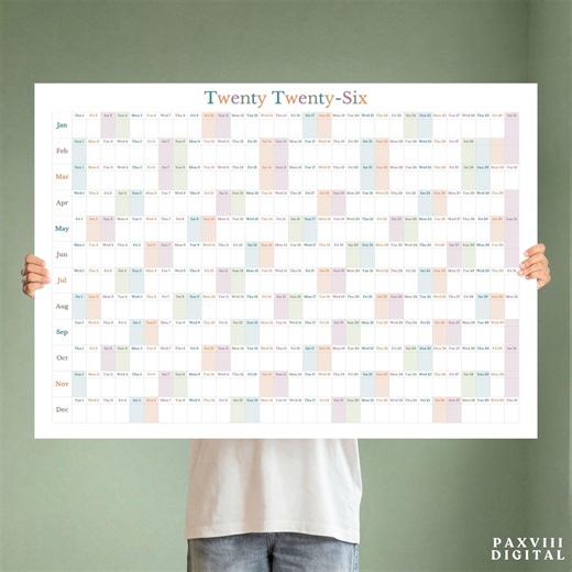 2026 Printable Year Planner | Large Wall Calendar 2026 | Yearly Wall Calendar | Rainbow Year Calendar | Giant Wall Calendar | A1 A2 A3 PDF - Etsy