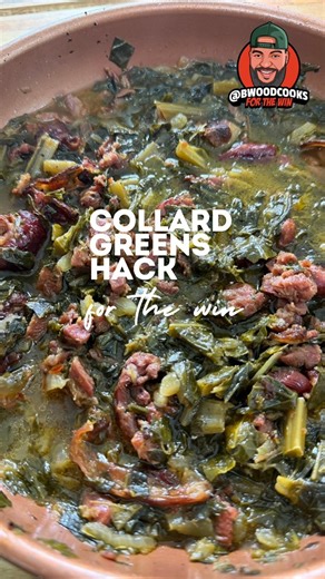 Collard greens usually take ALL day… so here’s a collard green hack for the win. Shortcut greens that still taste like you babysat the pot. Recipe below. What you need: • 1 large can Greens, drained • 4 smoked turkey necks, chopped • 4 slices of bacon • ½ onion, chopped • ½–1 cup chicken broth (add a little at a time) • Seasonings of your choice • A splash of apple cider vinegar • Optional: a pinch of brown sugar and hotsauce How to make it: On medium heat, cook your bacon in a skillet until the