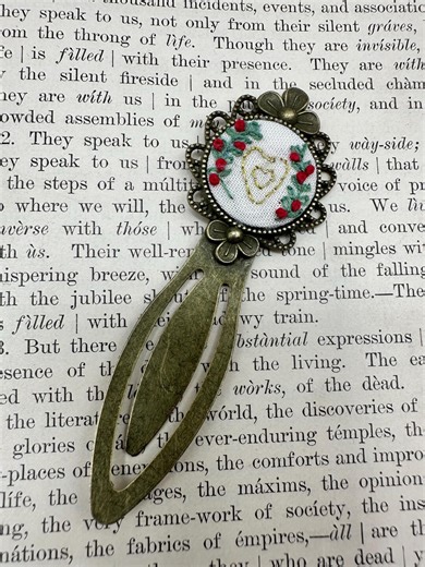 Embroidered Bookmark: Antique Gold Colored Handmade Floral Heart Stitches, Unique Book Lover Gift - Etsy