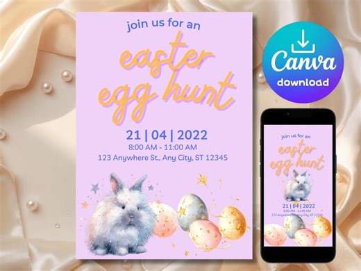 Cute Angora Bunny Easter Invitation, Watercolor Gold Easter Party Invitation, Kids Easter Egg Hunt Invitation - Etsy