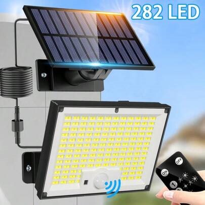 Luz solar con sensor para exteriores | Foco LED blanco de 282 luces | Lámpara de calle IP65 para exteriores | Equipada con control remoto y cable ultra largo de 5 metros | Lámpara con 3 modos de iluminación | Adecuada para patios, jardines, puertas principales, calles comerciales y áreas | Regalo para el Día del Padre | SHEIN
