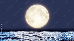 Big Moon at Night and Wave Ocean Loop. Moon reflection light at night and ocean wave in a seamless loop.