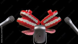 Two fun toy joke sets of chatty teeth chattering or singing into microphones in slow motion. Broadcasting chat or singing a duette. Stock Video