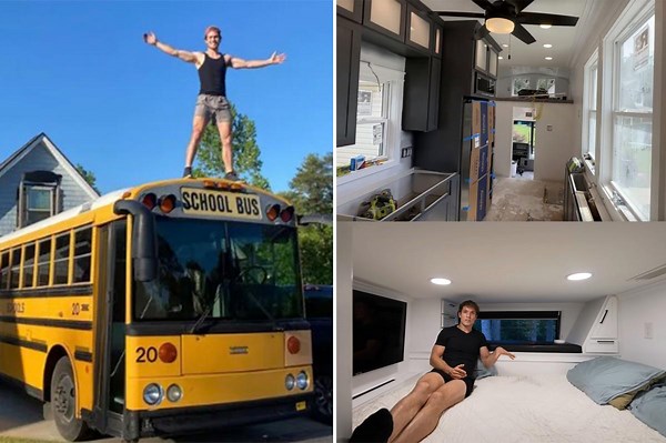 YouTuber Chay Denne, fed up with rent, transforms school bus into two-story home