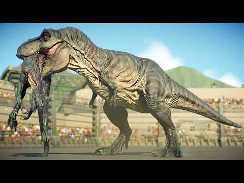 TYRANNOSAURUS REX VS ALL LARGE AND MEDIUM DINOSAURS IN THE PADDOCK - JURASSIC WORLD EVOLUTION 2