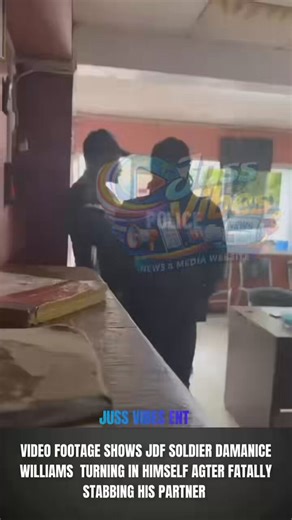 A video footage of JDF soldier Damanice Williams turning in himself after fatally stabbing his partner yesterday afternoon in Three Chain Road, Manchester