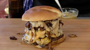 37K views · 44 shares | Call in for back up, because you're going to need it! 4 patties of 80/20 beef, crusted bacon, Japanese burger sauce, Togarashi onion & 3 types of cheese make up this MONSTER! Oh no! There goes Tokyo! | Ballistic BBQ | Facebook
