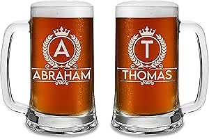 Personalized Beer Mugs Custom Monogram Name Engraved Beer Glass Birthday Anniversary Wedding Housewarming Gift (16 oz)