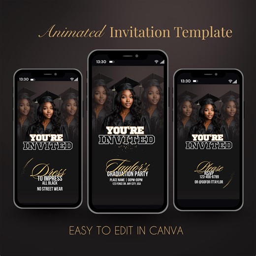 Black Graduation Party Invitation Template | Animated Invite | Mobile Video (digital Download & Canva Editable) - Etsy