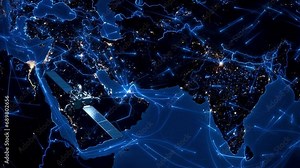Asia Map with City Lights. Internet, Wifi, Telecommunication. City lights and Countries Political Borders. Modern Artificial Satellite Sending Information to Earth. Asia Map with City Lights. Internet