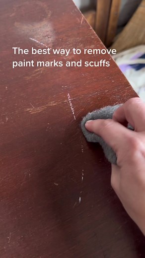 Our favorite tip to remove unsightly paint marks and scuffs: furniture salve fine steel wool (grade 0000). The oil in the salve and slight abrasion work beautifully together! Find the furniture salve on our site or linked here #fyp #cleantok #cleaninghacks #cleaningtiktok #furniturerestoration #naturalsolutions #naturalproducts #wood #fixit