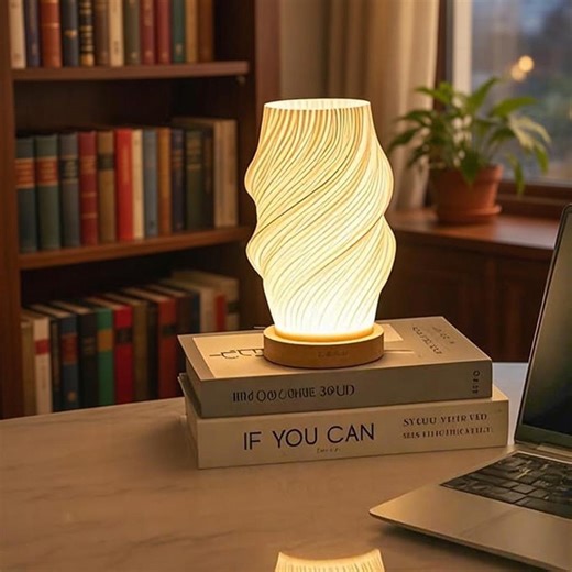 Small Bedside Table Lamp, Curved Lampshade, Wooden Base, USB Powered, Ambient Lighting - Etsy