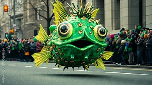 A large green fish puppet rolls down the street during a St. Patrick's Day parade