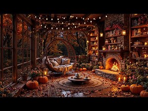 Autumn Jazz Vibes with Rain & Fireplace Warmth 🍂 Cozy Porch Ambience for Relaxation & Creative Flow