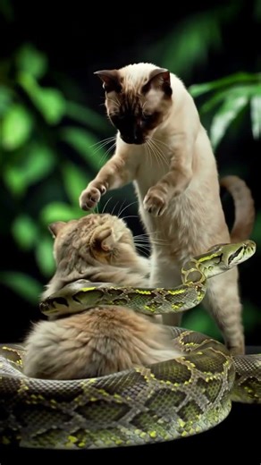 Cat wrapped around python, another cat tries to save the wrapped cat Abundance Meditation, Wealth.