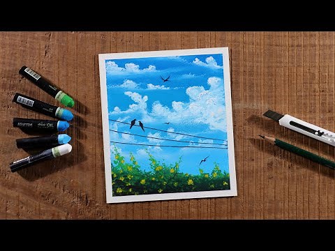 Beautiful Blue Sky with Clouds / Drawing with Oil Pastels / Step by Step
