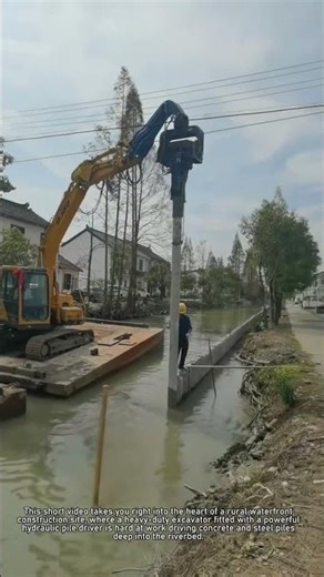 Incredible Riverbank Piling Work: Watch This Excavator Drive Piles Like a Pro!