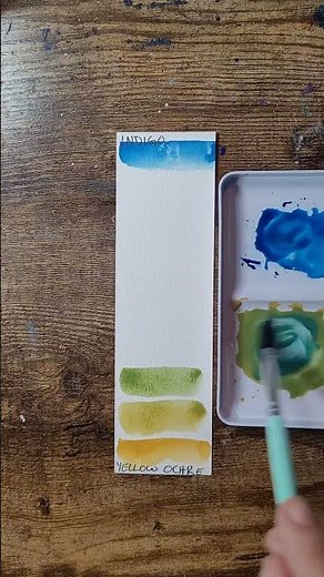 Color Mixing Indigo and Yellow Ochre from the Andrea Nelson 12 pan set. #colormixing