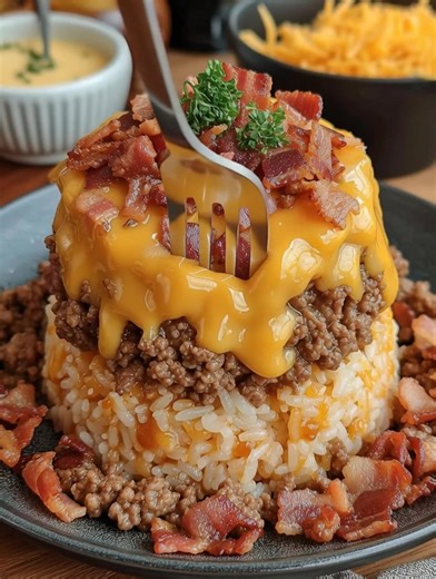 🍔🍚 Bacon Cheeseburger Rice Stack 🥓🧀 Comfort food reimagined! Layers of cheesy rice, savory beef, and crispy bacon perfection.Ingredients: 1 lb ground beef (80/20) 1 yellow onion, diced ...... Full Recipe in Coʍmеոτ 💬 | The Saucy Plate