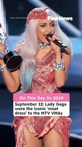 9K views · 85 reactions | On this day (September 12) in 2010, Lady Gaga made history wearing her iconic 'meat dress' to the MTV Video Music Awards, made entirely out of raw beef  | PinkNews | Facebook