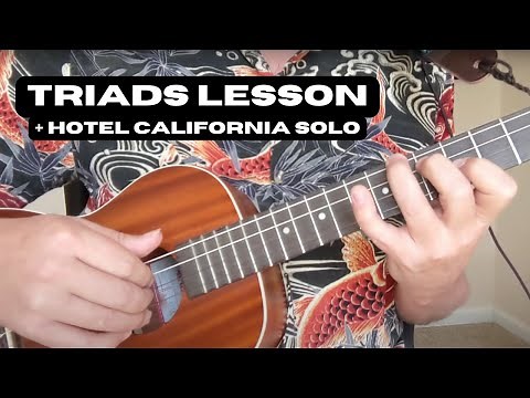 BARITONE UKULELE "Triads" LESSON w/ TABS, Play Along Backing Tracks, Hotel California Solo