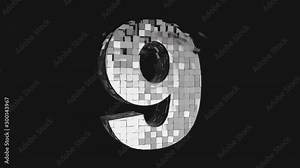 Number 9 - Build and destroy number nine from metallic cubes, 3D number animation on dark and chroma key green screen background in 4K