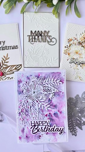 4 card ideas using @Tonic Studios Corner Flourished Die! https://www.tonic-studios.co.uk/products/tonic-studios-flourished-corner-die-set-4459e #elegantcard #cardmaking #cardmakinginspiration #papercraft #mixedmedia #mixedmediaart #flowercard #diycards #homemadecards #tonicstudios | Tonic Studios
