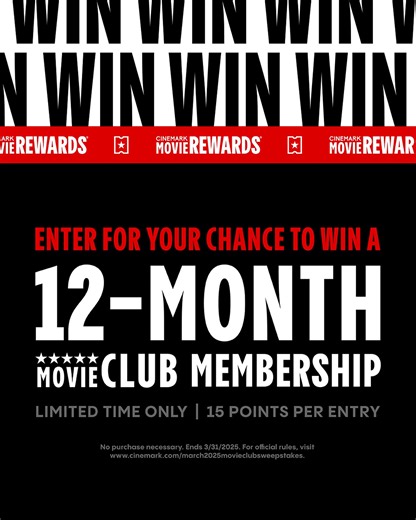 Cinemark Movie Rewards members! Enter up to 10 times for your chance to win a 12-month Movie Club membership. Enter here: cur.lt/mbxdyertk | Cinemark