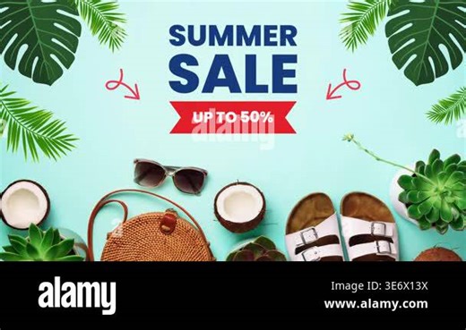 summer sale background with tropical leaves, monstera leaf and palm leaves. summer sale banner. flat lay, top view Stock Video Footage - Alamy