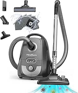 Canister Vacuum Cleaners for Home, 1300W/25Kpa Bagged Canister Vacuum, Corded, Lightweight & Powerful Vac with 4 Tools& 6 Bags for Hard Floors,Carpet,Pet,Upholstery,Tiles and Car
