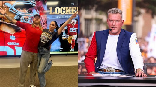 Couldn't love him more: Claire Kittle reacts to Pat McAfee stripping down to his speedo and high diving into pool for "College GameDay" closing pick